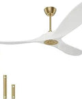 White 3-blade ceiling fan with gold accents, shown with different length rods, modern design