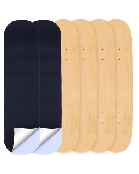 Blank Skateboard Decks 31 By 8 Inch Four Pack 7 Layer Maple Double Tail Boards For Art Painting Wall Decor Street Skate Custom Pro Replacement Includes Sandpaper, showing natural wood hues and black grip sheets.