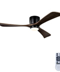 Neojoyoenix 52" Flush Mount Solid Wood Blades Ceiling Fan with Lights Remote Control in Matte Black with three blades and remote.