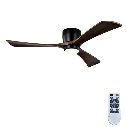 Neojoyoenix 52" Flush Mount Solid Wood Blades Ceiling Fan with Lights Remote Control in Matte Black with three blades and remote.