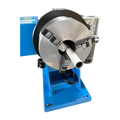 Rock Solid 110 Volt 8 Inch Welding Positioner featuring a 3 jaw self centering chuck with pipe held securely for welding.