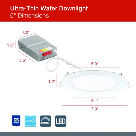 Top Shelf 6 Inch LED Recessed Downlights With Adjustable Color Temperature, Ultra Thin Slim Profile, dimensions and specifications image.