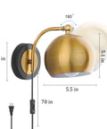 Gold Plug In Wall Sconces Set Of 2 Industrial Vintage Boho Adjustable Lighting Fixtures with E26 sockets, dimensions shown