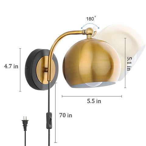 Gold Plug In Wall Sconces Set Of 2 Industrial Vintage Boho Adjustable Lighting Fixtures with E26 sockets, dimensions shown