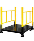 Heavy Duty Steel Pallet Rack Built Rock Solid For Warehouses Stackable Industrial Storage Frame With Folding Guardrails featuring black base and yellow guardrails