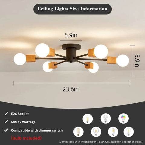 Rustic Wood Sputnik Ceiling Light Fixture With 6 Lights Semi Flush Mount Oak And Black Finish E26 Farmhouse Chandelier