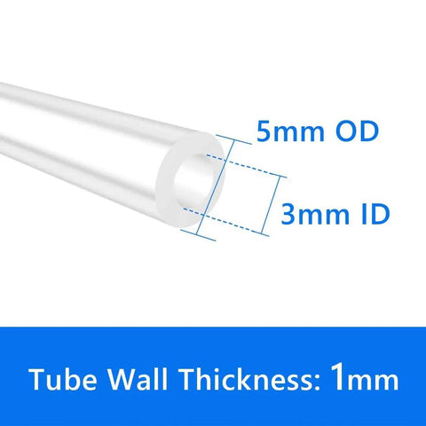 Silicone Tubing 3mm ID By 5mm OD High Temp Food Grade Tube, showing 3mm inner diameter, 5mm outer diameter and 1mm wall thickness.