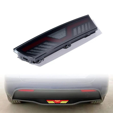 Badass Smoked Rear Bumper DRL And Brake Lamp For 2020 To 2023 Tesla Model Y showing tail light design and glowing brake signal.