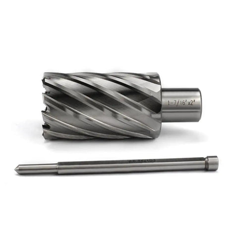 Heavy Duty High Speed Steel Annular Cutter With Weldon Shank Precision Hole Saw For Magnetic Drills And Mill Tools 3/4 Shank 1-7/16 Cut Dia 2 Inch Depth Makes Quick Work Of Steel close-up view showing cutter design and shank