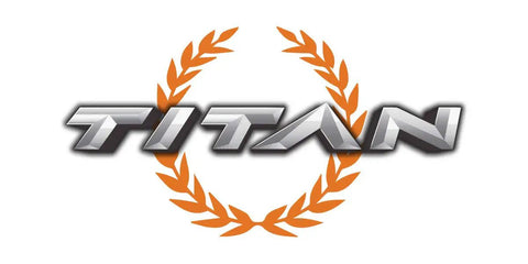 Titan logo with metallic text and orange laurel wreath design.