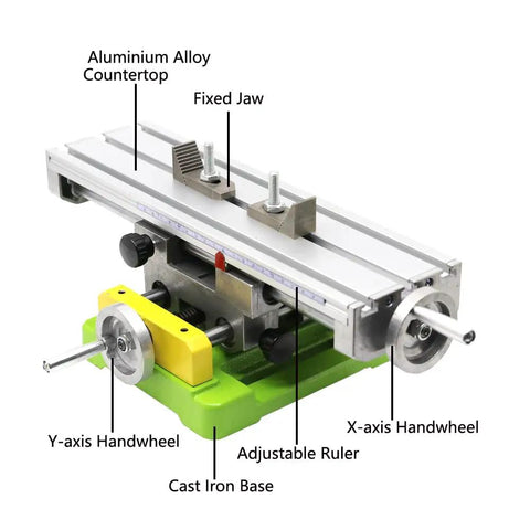 Precision Milling Machine Worktable with Multifunction Drill Vise Fixture for Hobbyist Shops viewed from above, showing handwheels.