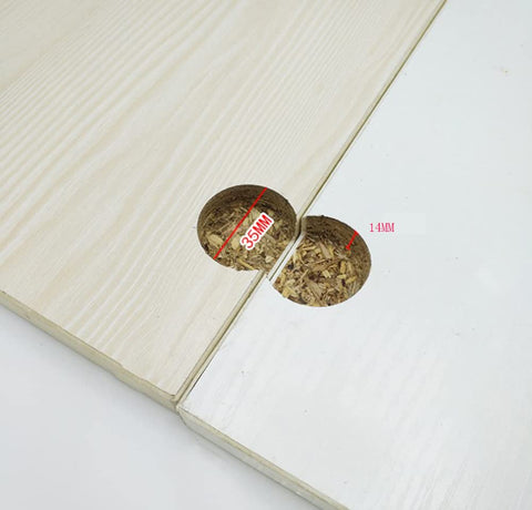 35mm and 14mm holes drilled into a wood panel for Two Piece 90 Degree Adjustable Concealed Cabinet Door Hinge Set For Table Drop Down And Flush Mount Zinc Alloy Construction Durable Kitchen Or Furniture Hardware With Easy Install And Smooth Open Close Action installation