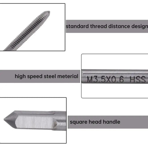 Close-up of 10 Piece Metric Tap Set For Clock And Watch Making, Hand Taps M1 To M3.5 showing labeled details of high speed steel design