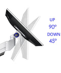Heavy Duty Quad Monitor Desk Stand Mount For 15 To 27 Inch Screens With Smooth Height And Tilt Adjustments showing tilt range of 90° up and 45° down.