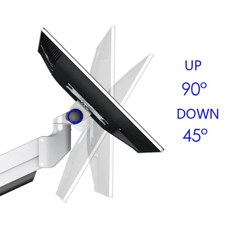 Heavy Duty Quad Monitor Desk Stand Mount For 15 To 27 Inch Screens With Smooth Height And Tilt Adjustments showing tilt range of 90° up and 45° down.