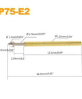 Diagram of 100 Pcs P75-E2 Spring Test Probes Pogo Pins For PCB Testing, E Type Conical Head, 1.3mm Tip, 16.5mm Length with measurements.