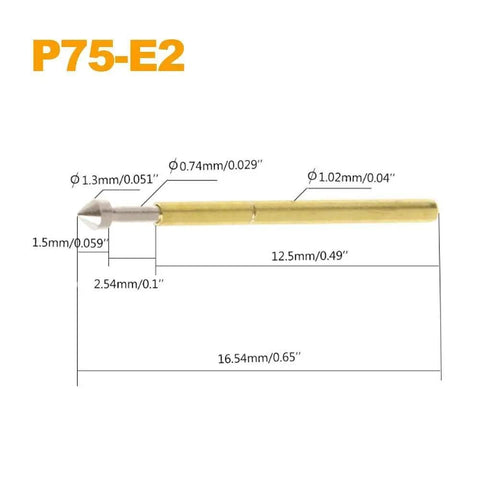 Diagram of 100 Pcs P75-E2 Spring Test Probes Pogo Pins For PCB Testing, E Type Conical Head, 1.3mm Tip, 16.5mm Length with measurements.