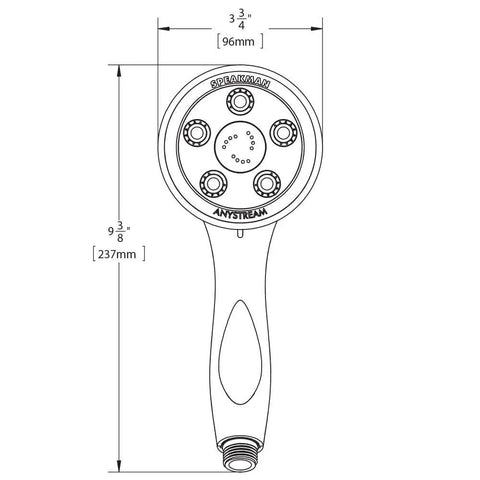 Diagram of Premium Handheld Shower Head With AnyStream 360° Technology showing dimensions and ergonomic grip design.