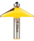 Bevel Edge Router Bit 60 Degree Forming With Half Inch Shank Two Flute Carbide Cutter, yellow and silver design, close-up view.
