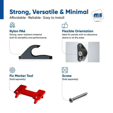 Type 2 Compact Drop Down Fix For 90 Degree Panel Connection No Fuss Install For Thin Panels Up To Three Quarters Inch Ideal For Washroom Service Ducts ADA Compliant Access Panels For Wheelchair Users Durable Drop Down Mechanism 50 Sets components including nylon PA6, marker tool, and screw.
