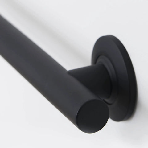 Close-up of 24 Inch Straight Shower Grab Bar Matte Black Stainless Steel With Concealed Flanges for a sleek look and solid grip.