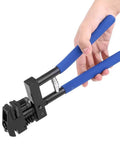 Hand holding 5mm Hole Punch Setter Joggler For Sheet Metal And Panels Dual Function Plier Tool, blue handles, black steel body.