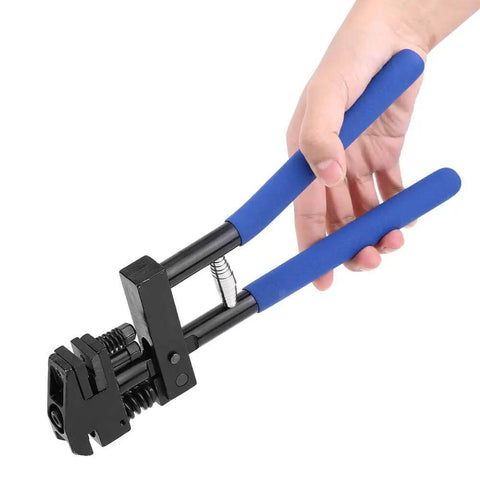 Hand holding 5mm Hole Punch Setter Joggler For Sheet Metal And Panels Dual Function Plier Tool, blue handles, black steel body.
