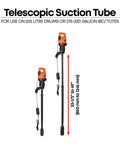 Telescopic suction tube with orange pump for 205 litre drums and 275-330 gallon IBC totes, adjusts 33.5" to 49".