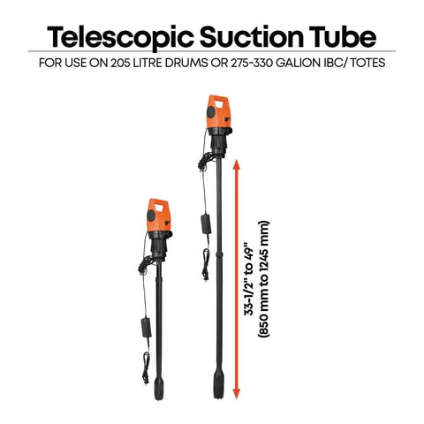 Telescopic suction tube with orange pump for 205 litre drums and 275-330 gallon IBC totes, adjusts 33.5" to 49".