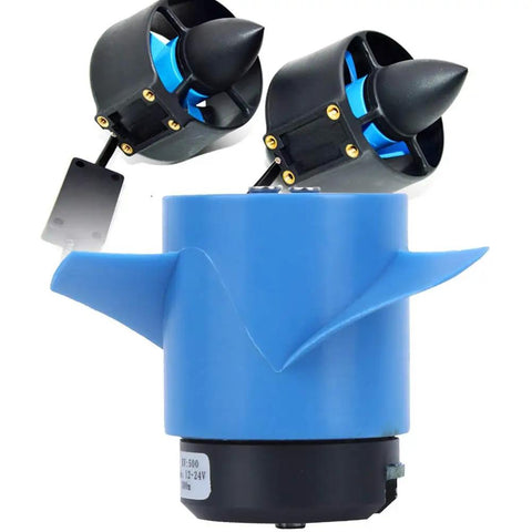 5000KV RC Underwater Thruster With 60mm Propeller For Submarines And RC Boats, showing dual propellers and blue casing