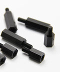 Top Tier M3 Hex Male To Female Nylon Standoffs Bulk Crate Of 50 Black Polymer Spacer Blocks, various sizes on white background.