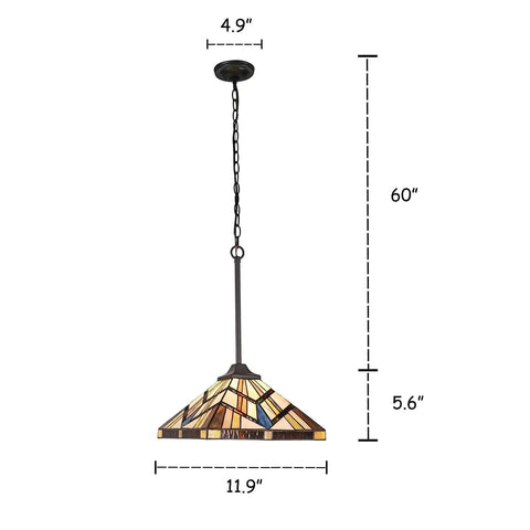 Tiffany Style Pendant Light 12 Inch Wide Amber Cream Stained Glass Shade With Adjustable Chain Hanging Lamp dimensions shown