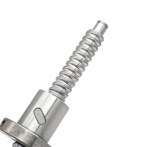Close-up of Left Hand Thread SFU1605 Ball Screw With Ball Nut 16mm Diameter 5mm Pitch, end machined for CNC applications.