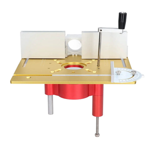 No Sweat Router Lift Base Kit With Precision Table Insert Plate for Snappy Woodworking with red and gold components.