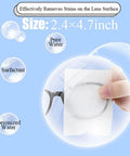 Pre-moistened lens cleaning wipes, multicolor, for glasses and screens; front view with hand wiping eyewear.