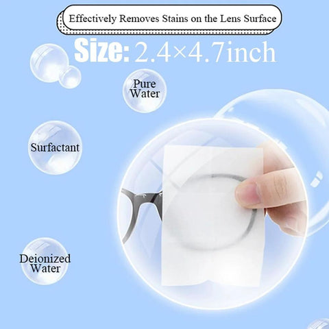 Pre-moistened lens cleaning wipes, multicolor, for glasses and screens; front view with hand wiping eyewear.