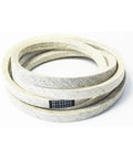 Heavy Duty 111.4 By 5/8 Inch Mower Deck Belt With Aramid Cord For 48 Inch Mowers Direct Fit Replacement To Stop Slipping Or Wearing Out And Keep Your Lawn Mower Running Smoothly All Season. coiled mower deck belt on white background