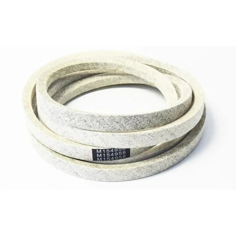 Heavy Duty 111.4 By 5/8 Inch Mower Deck Belt With Aramid Cord For 48 Inch Mowers Direct Fit Replacement To Stop Slipping Or Wearing Out And Keep Your Lawn Mower Running Smoothly All Season. coiled mower deck belt on white background