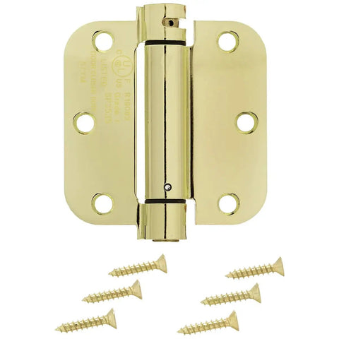 Heavy Duty Self Closing Door Hinge With Rock Solid Steel Frame And Premium Polished Brass Finish Including Complete Mounting Kit, screws included.