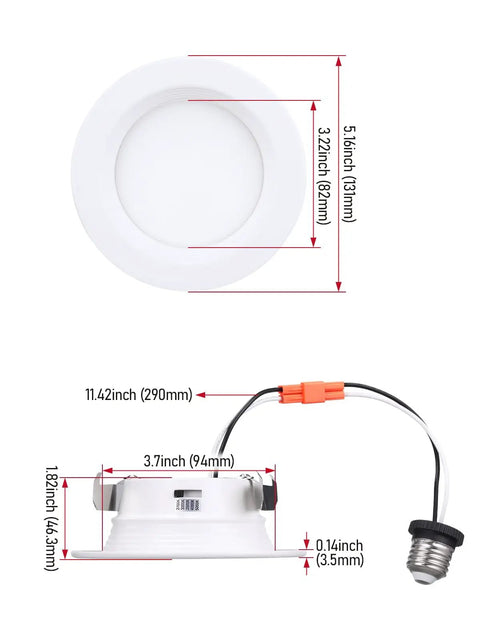 Dimensions of 12 Pack Four Inch LED Recessed Can Lights Retrofit Kit, Dimmable and Energy Efficient, showing trim and base.