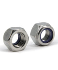 Rock Solid M16 X 2mm Nylon Insert Hex Lock Nuts Built Tough With Top Notch 304 Stainless Steel Heavy Duty Self Locking Hardware Fasteners For Truck And Equipment Upgrades Includes 20 Pieces - close-up view of two stainless steel hex lock nuts.