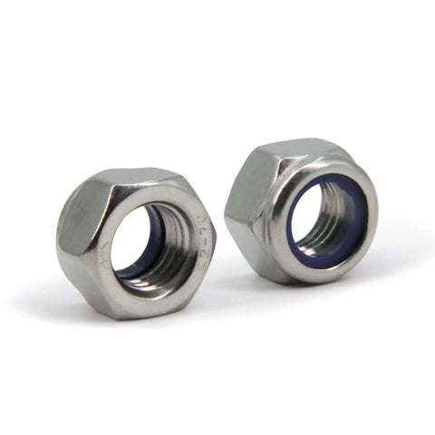 Rock Solid M16 X 2mm Nylon Insert Hex Lock Nuts Built Tough With Top Notch 304 Stainless Steel Heavy Duty Self Locking Hardware Fasteners For Truck And Equipment Upgrades Includes 20 Pieces - close-up view of two stainless steel hex lock nuts.