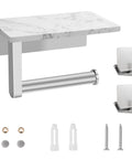 Toilet Paper Holder With Marble Shelf, Stainless Steel Wall Mount, SUS304 Construction, Rust Resistant Bathroom Organizer With Two Free Adhesive Hooks