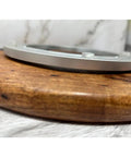 Side view of 12 Inch Mesquite Wood Lazy Susan With Green Accent Go To Round Kitchen Turntable Rotating Tray showing base detail