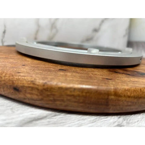 Side view of 12 Inch Mesquite Wood Lazy Susan With Green Accent Go To Round Kitchen Turntable Rotating Tray showing base detail