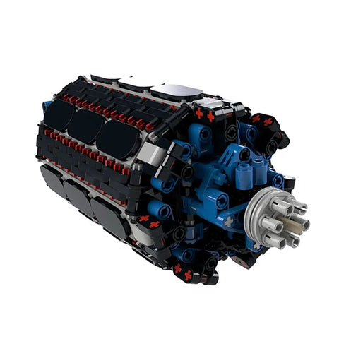 Mini 42 Cylinder Radial Engine That Runs Build Kit For Adults, 691 Piece R 2160 MOC 164609 Engine Model With ABS Bricks, Advanced Engineering Construction Set For Hobbyists, Gearheads, And Educational Play. Black and blue ABS brick engine model, angled front view