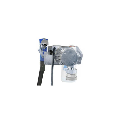 Detailed view of No Sweat Fuel Transfer Pump With Automatic Shut Off Nozzle And Premium Filter Kit 18 GPM 12 Volt Motor for gasoline and diesel.
