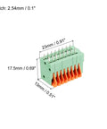 8 Pin KF141V PCB Spring Terminal Block Connector 2.54mm Pitch, 150V 2A, green and orange, dimensions shown, pack of 5