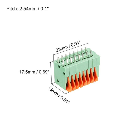 8 Pin KF141V PCB Spring Terminal Block Connector 2.54mm Pitch, 150V 2A, green and orange, dimensions shown, pack of 5