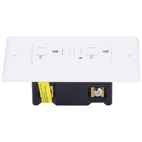Rock Solid 20 Amp Smart Gfci Outlet With Child Door Shutters And Etl Listing for kitchens, bathrooms, and patios with a white ABS cover.